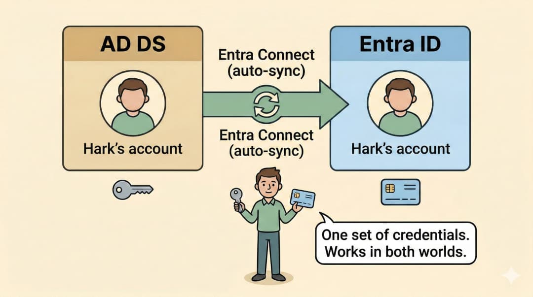 Left-to-right sync diagram: an AD DS box containing Hark's account with a metal key icon, connected by a bridge arrow labelled "Entra Connect (auto-sync)" to an Entra ID box containing the same Hark's account with a smart keycard icon. Below the diagram, a single employee figure holds both a metal key and a smart keycard with the label "One set of credentials. Works in both worlds."