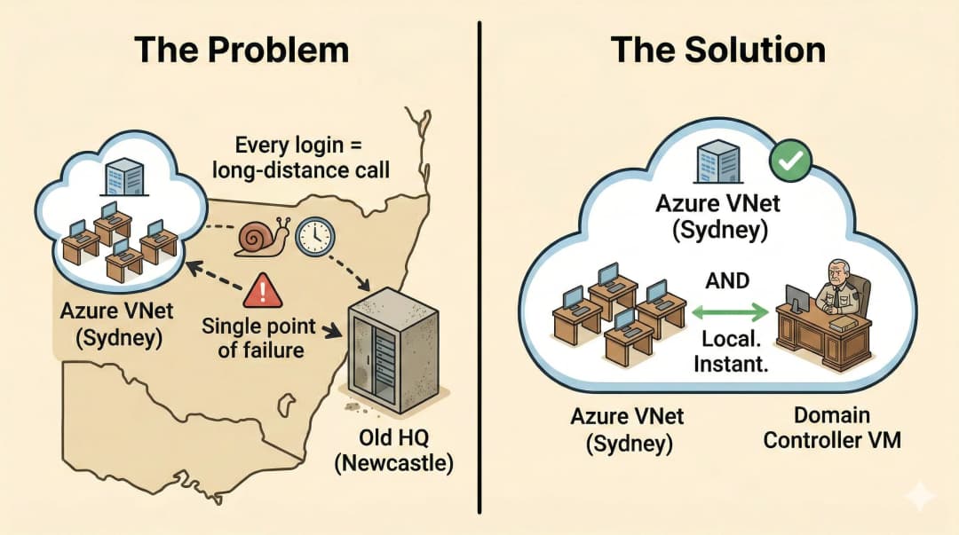 Two-panel illustration: left panel (The Problem) shows a map with the Azure VNet in Sydney and an old server closet in Newcastle connected by a long dashed arrow labelled "Every login = long-distance call" with a snail icon for latency and a red warning triangle for single point of failure; right panel (The Solution) shows the Azure VNet in Sydney with both Session Host desks and a Domain Controller VM inside it, connected by a short green arrow labelled "Local. Instant." with a green checkmark over the building